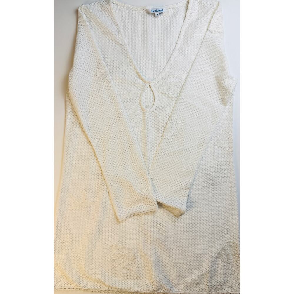 Blue Island Womens White Crochet Knit Tunic Sweater Small Boho Beach